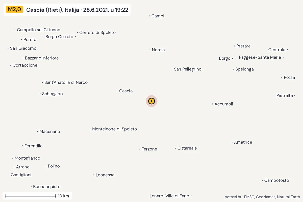Karta: okolica epicentra, 60 km, potres M2,0, Cascia (Rieti), Italija, 28.6.2021.