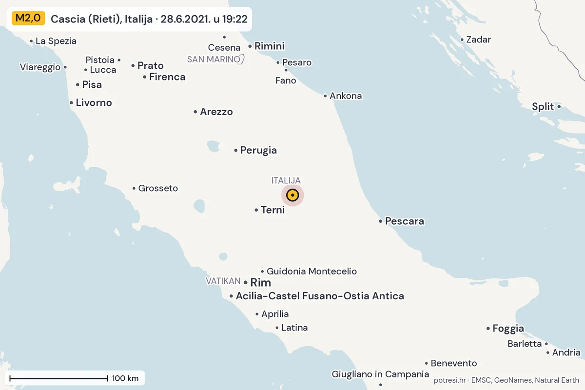 Karta: šire područje, 600 km, potres M2,0, Cascia (Rieti), Italija, 28.6.2021.
