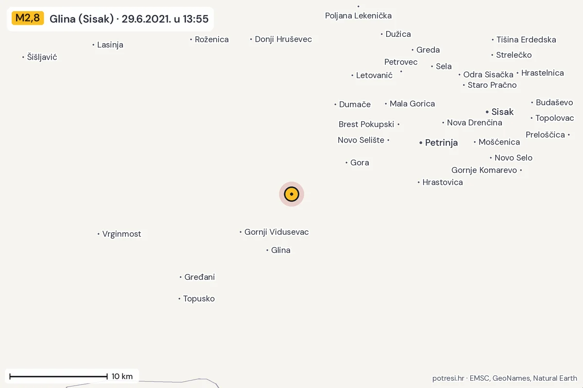 Karta: okolica epicentra, 60 km, potres M2,8, Glina (Sisak), 29.6.2021.