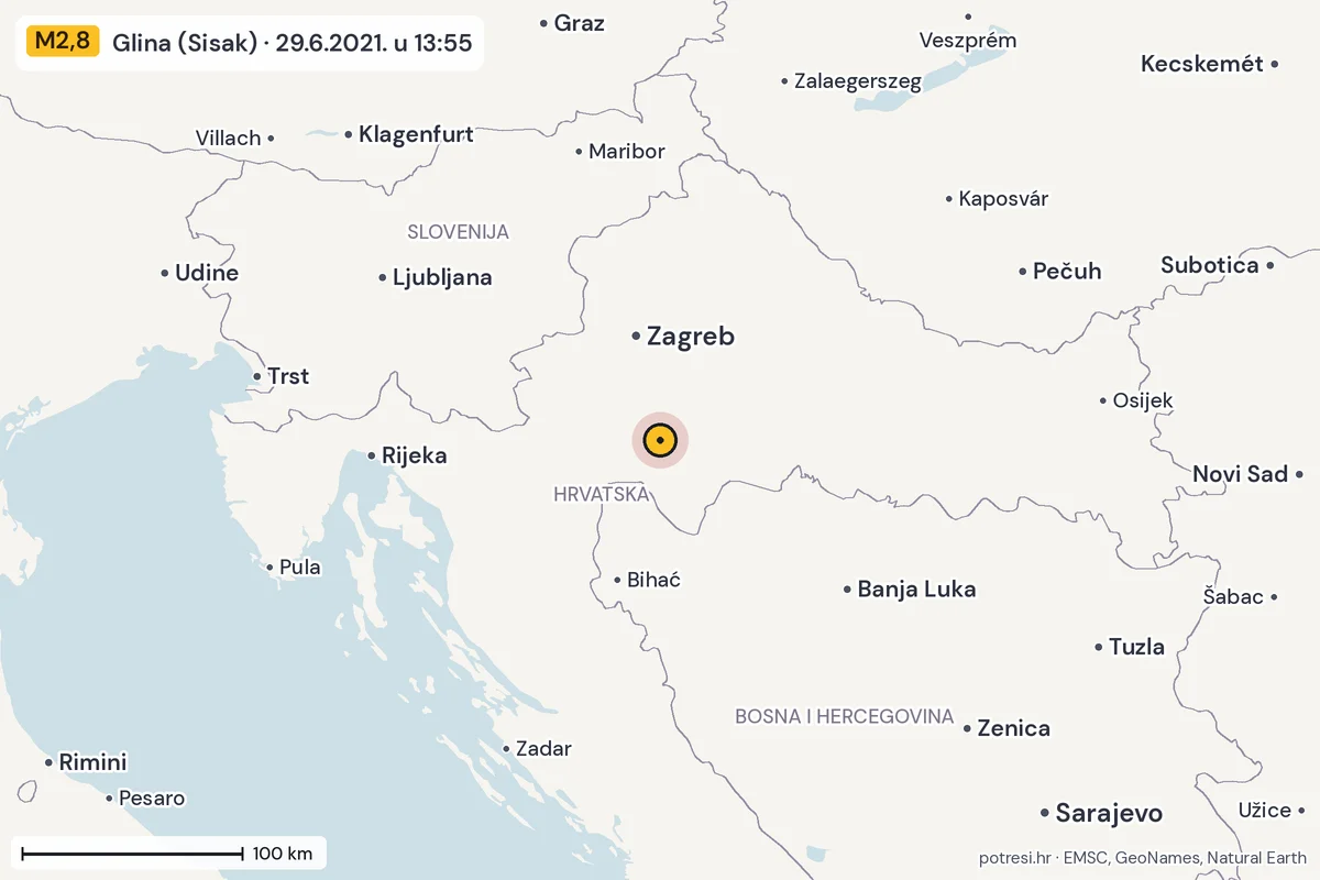 Karta: šire područje, 600 km, potres M2,8, Glina (Sisak), 29.6.2021.