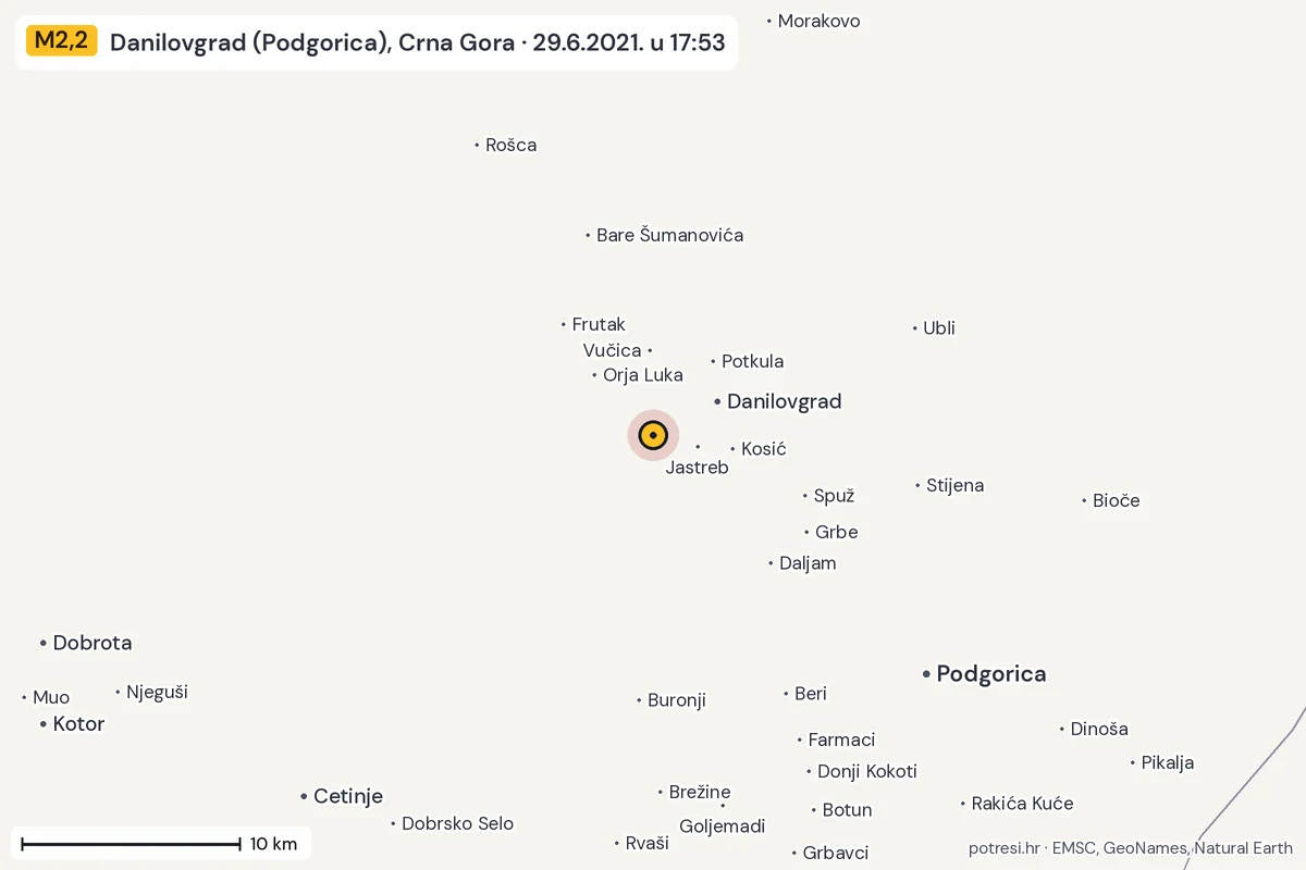 Karta: okolica epicentra, 60 km, potres M2,2, Danilovgrad (Podgorica), Crna Gora, 29.6.2021.