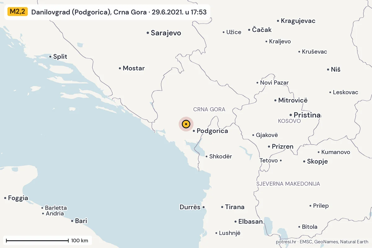 Karta: šire područje, 600 km, potres M2,2, Danilovgrad (Podgorica), Crna Gora, 29.6.2021.