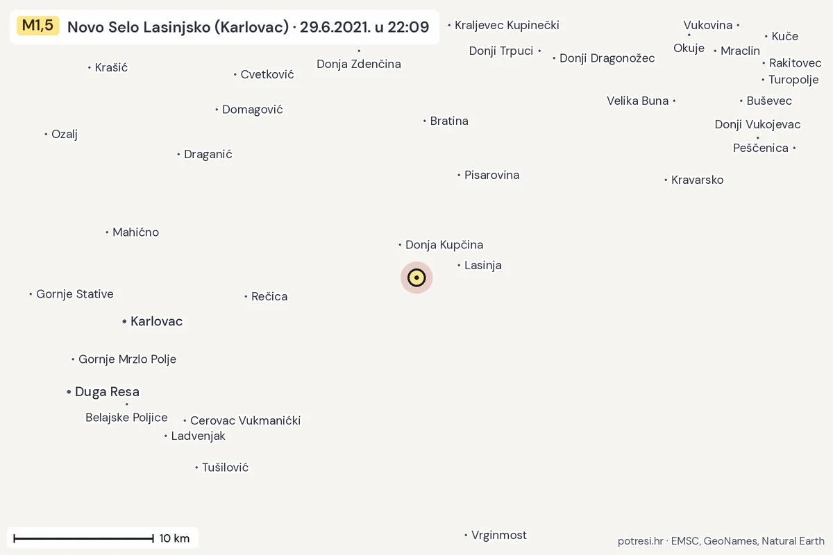 Karta: okolica epicentra, 60 km, potres M1,5, Novo Selo Lasinjsko (Karlovac), 29.6.2021.