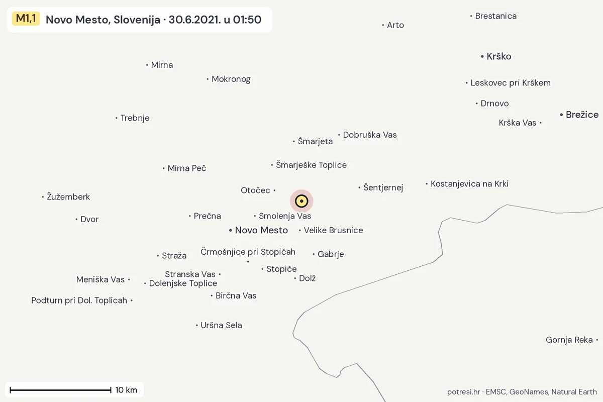 Karta: okolica epicentra, 60 km, potres M1,1, Novo Mesto, Slovenija, 30.6.2021.