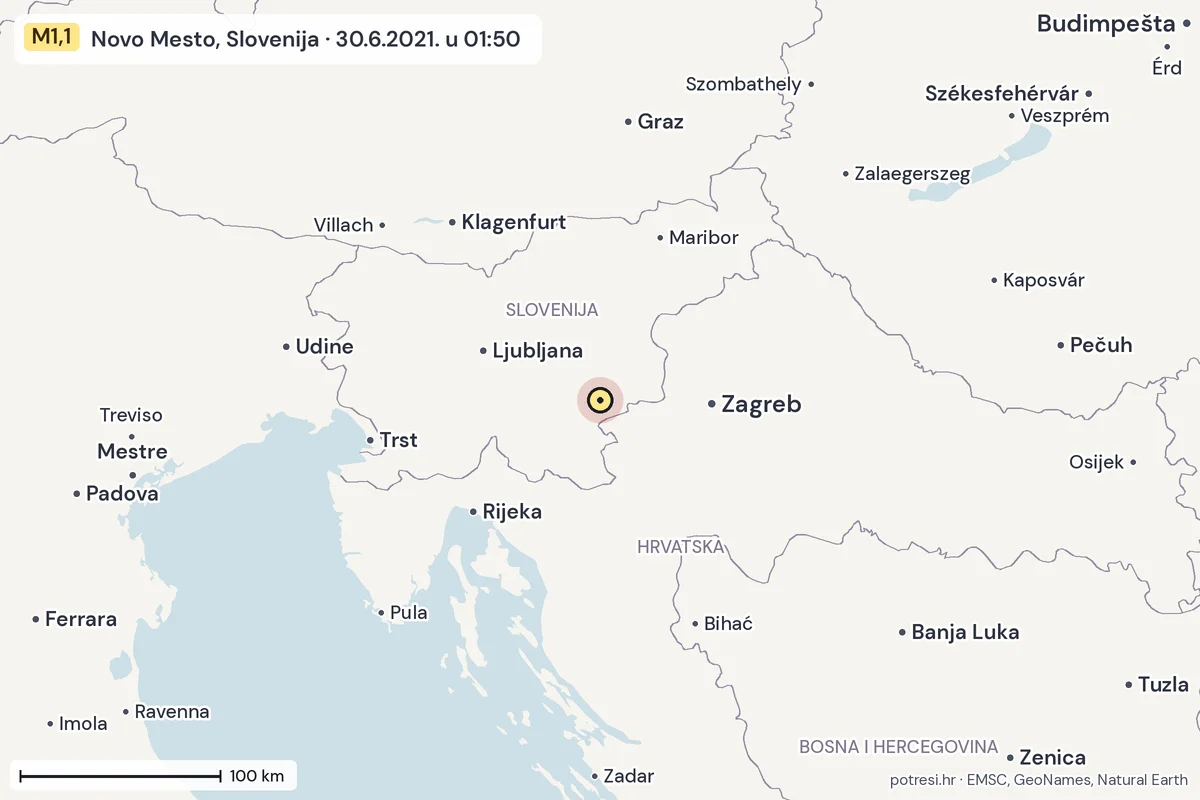 Karta: šire područje, 600 km, potres M1,1, Novo Mesto, Slovenija, 30.6.2021.