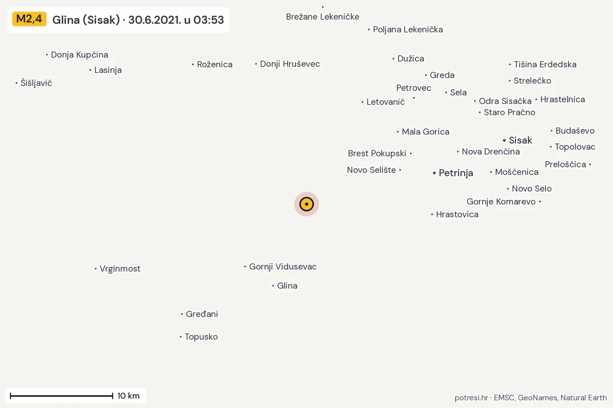 Karta: okolica epicentra, 60 km, potres M2,4, Glina (Sisak), 30.6.2021.