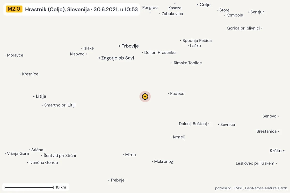 Karta: okolica epicentra, 60 km, potres M2,0, Hrastnik (Celje), Slovenija, 30.6.2021.