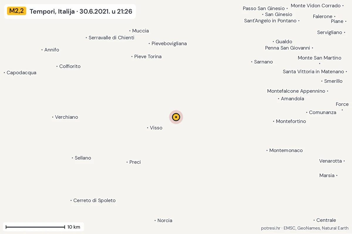 Karta: okolica epicentra, 60 km, potres M2,2, Tempori, Italija, 30.6.2021.