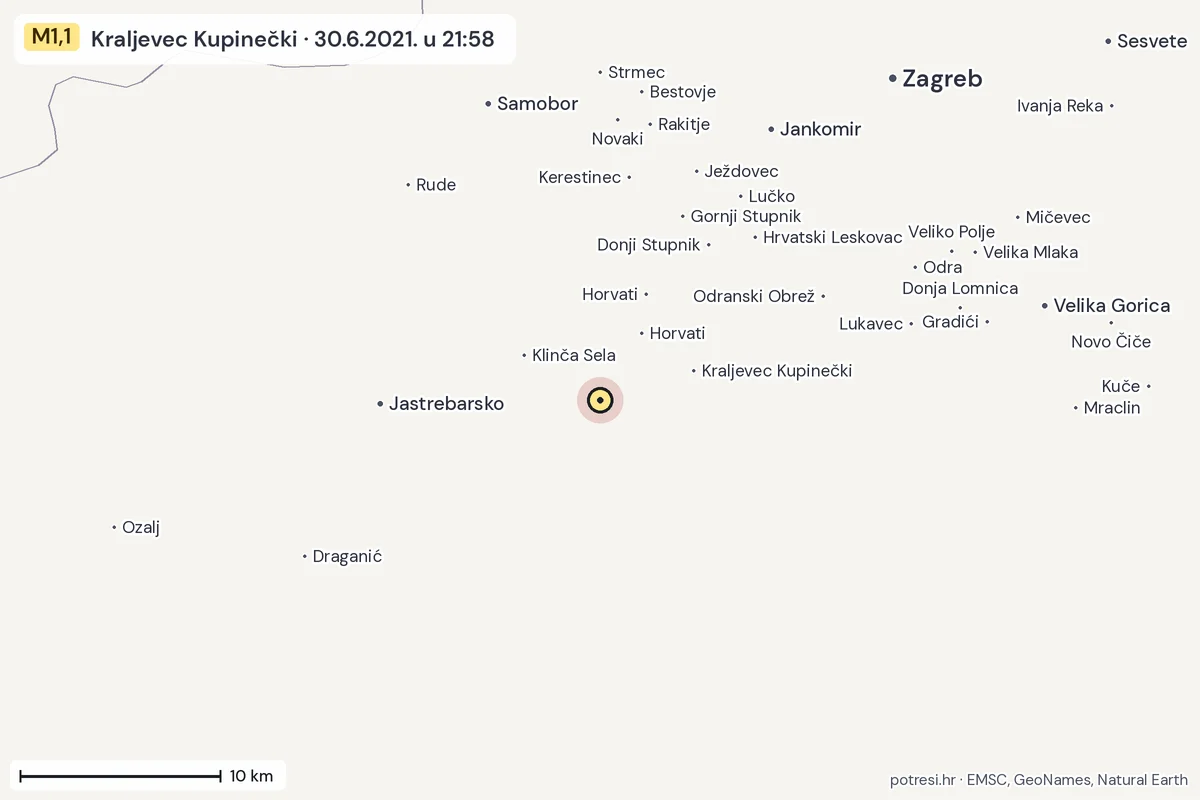 Karta: okolica epicentra, 60 km, potres M1,1, Kraljevec Kupinečki, 30.6.2021.