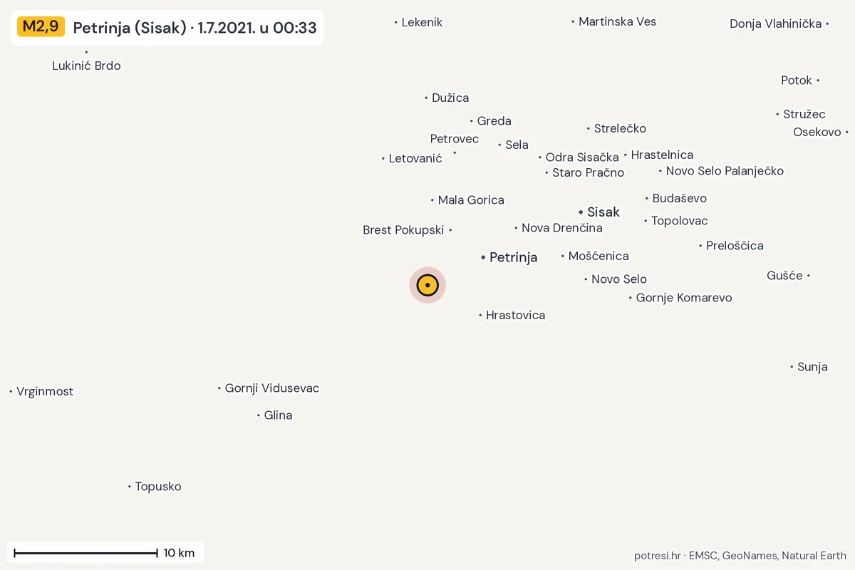 Karta: okolica epicentra, 60 km, potres M2,9, Petrinja (Sisak), 1.7.2021.