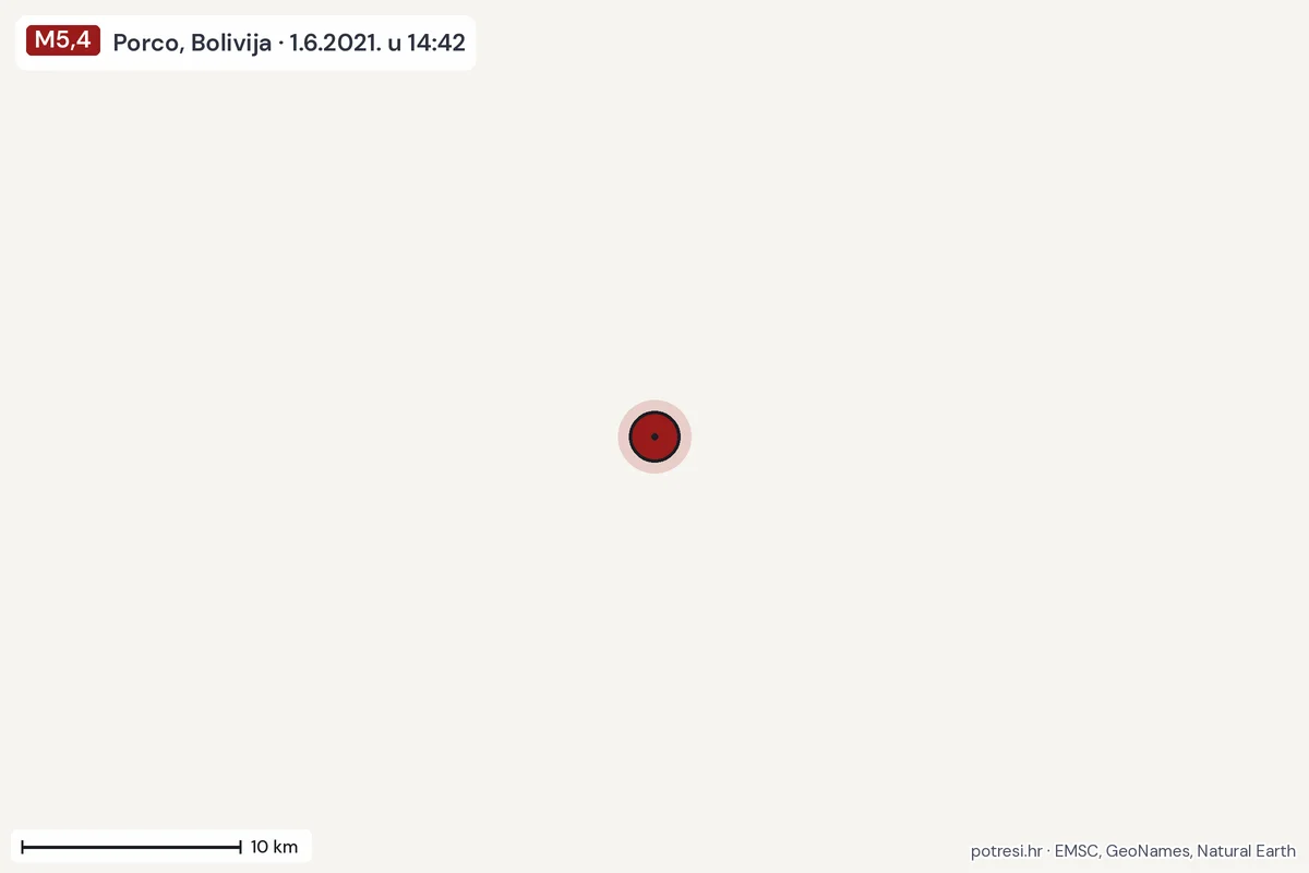 Karta: okolica epicentra, 60 km, potres M5,4, Porco, Bolivija, 1.6.2021.