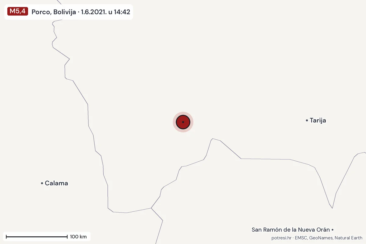 Karta: šire područje, 600 km, potres M5,4, Porco, Bolivija, 1.6.2021.