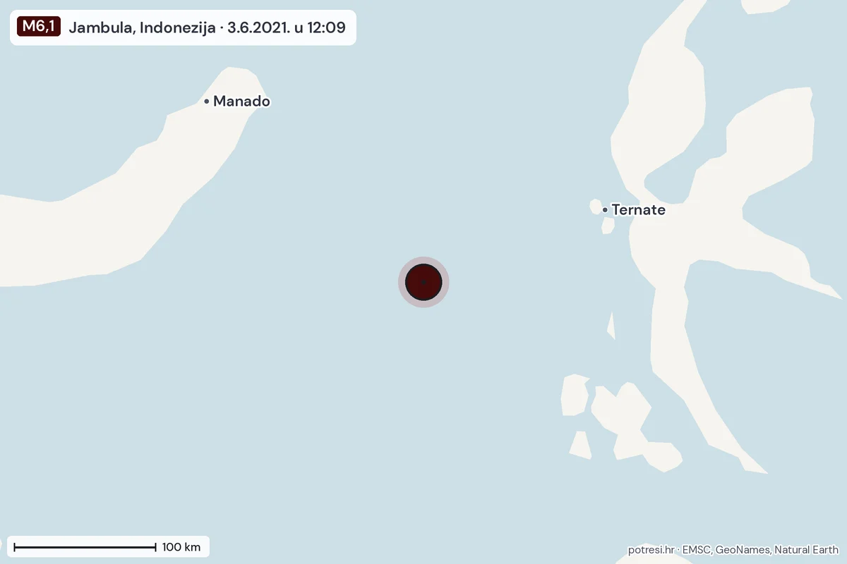 Karta: šire područje, 600 km, potres M6,1, Jambula, Indonezija, 3.6.2021.