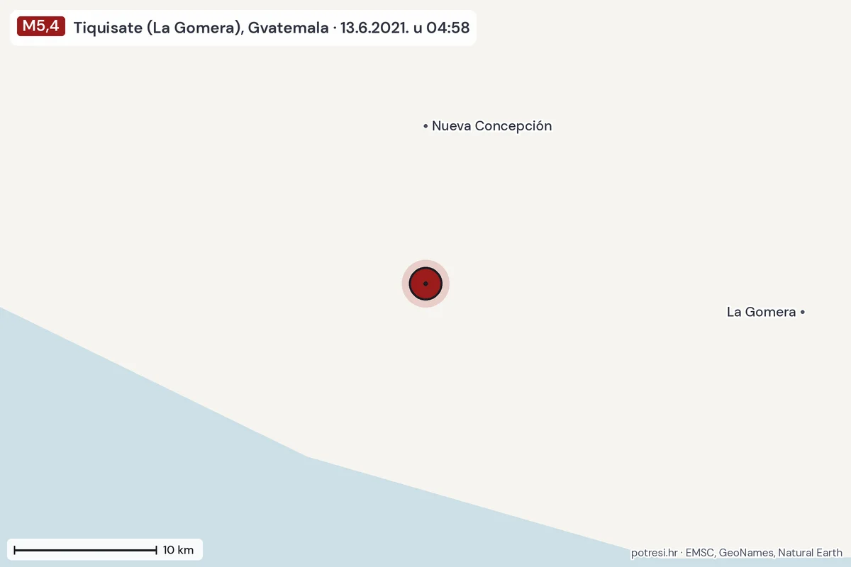 Karta: okolica epicentra, 60 km, potres M5,4, Tiquisate (La Gomera), Gvatemala, 13.6.2021.