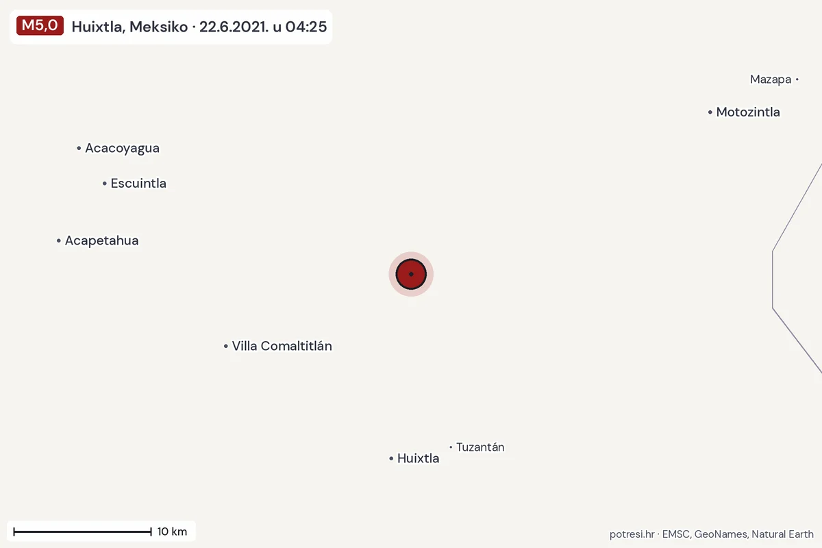 Karta: okolica epicentra, 60 km, potres M5,0, Huixtla, Meksiko, 22.6.2021.