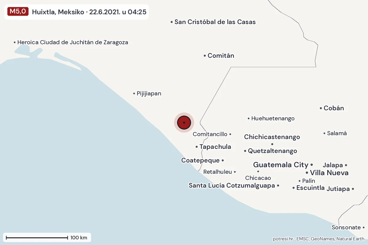 Karta: šire područje, 600 km, potres M5,0, Huixtla, Meksiko, 22.6.2021.