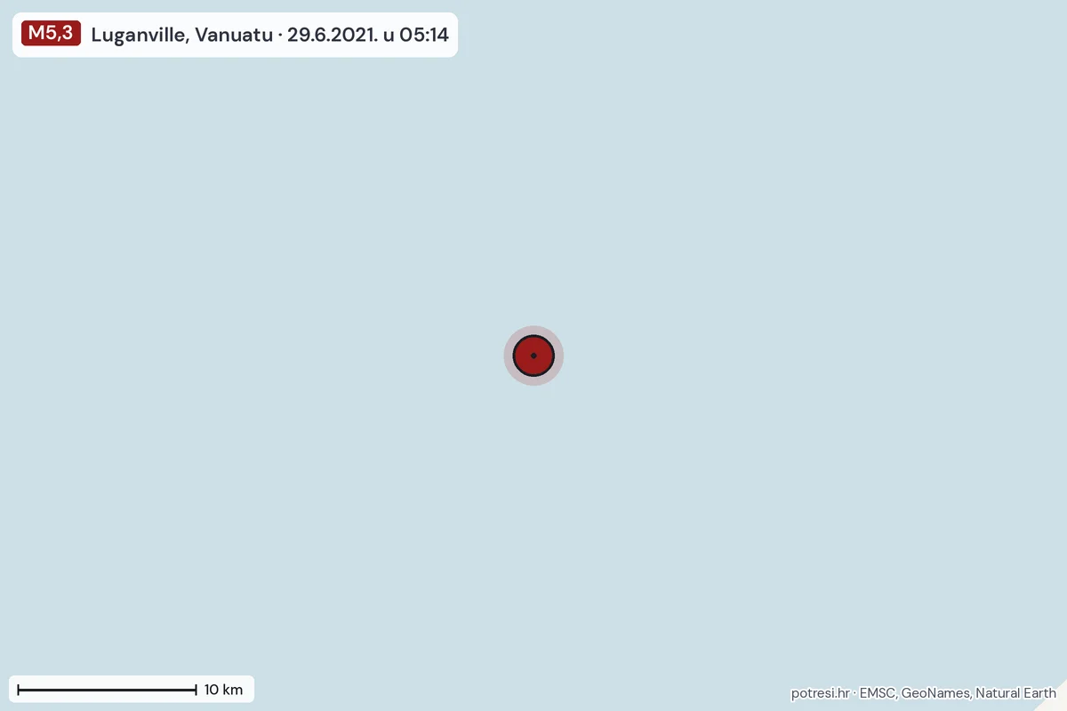 Karta: okolica epicentra, 60 km, potres M5,3, Luganville, Vanuatu, 29.6.2021.