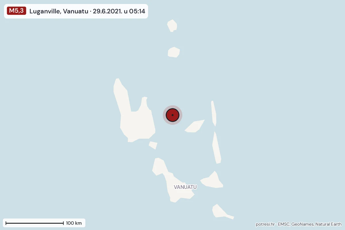 Karta: šire područje, 600 km, potres M5,3, Luganville, Vanuatu, 29.6.2021.