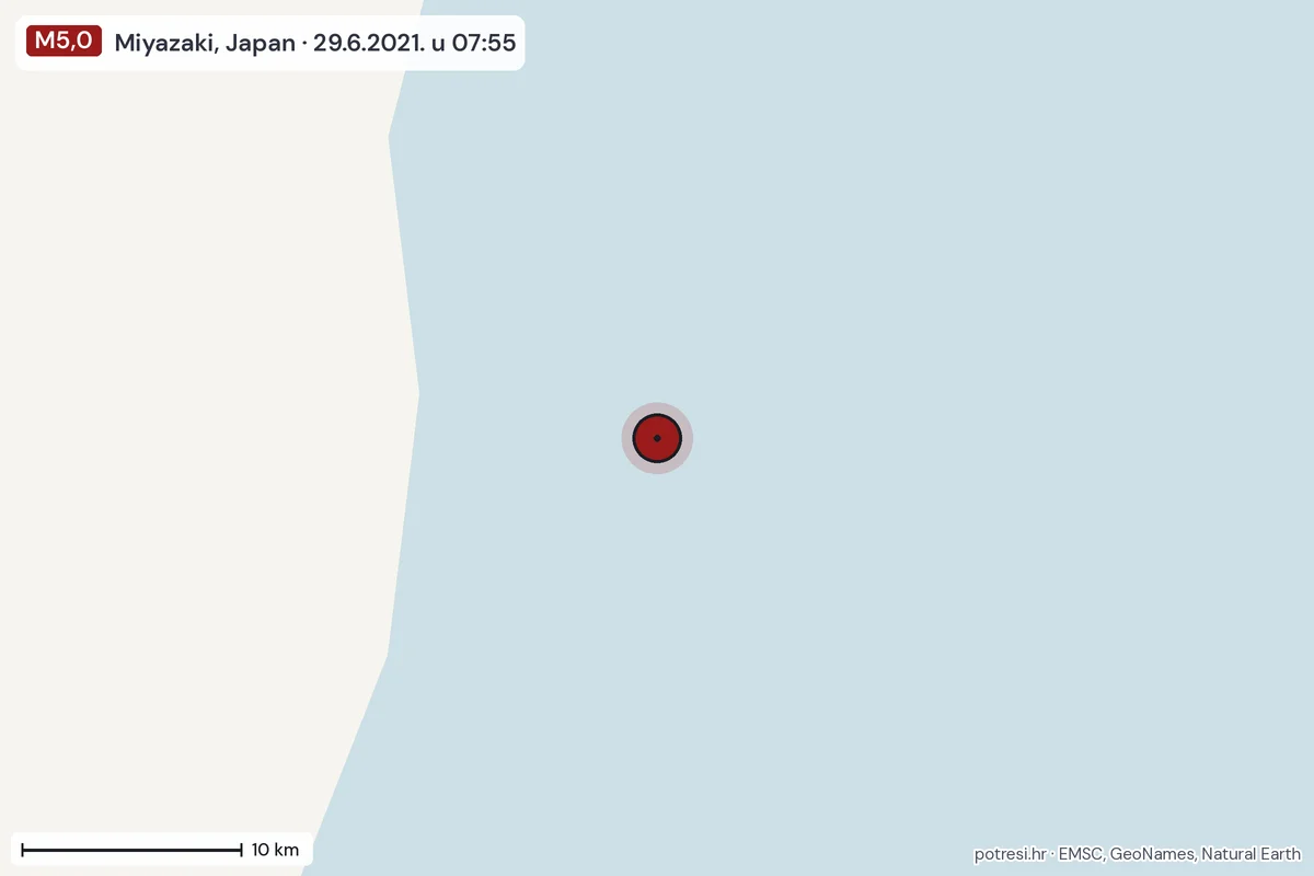 Karta: okolica epicentra, 60 km, potres M5,0, Miyazaki, Japan, 29.6.2021.