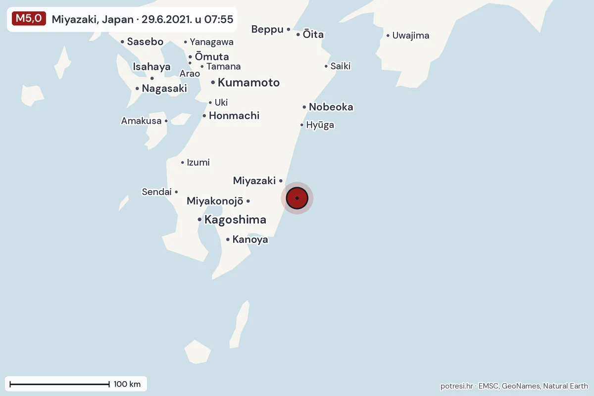Karta: šire područje, 600 km, potres M5,0, Miyazaki, Japan, 29.6.2021.