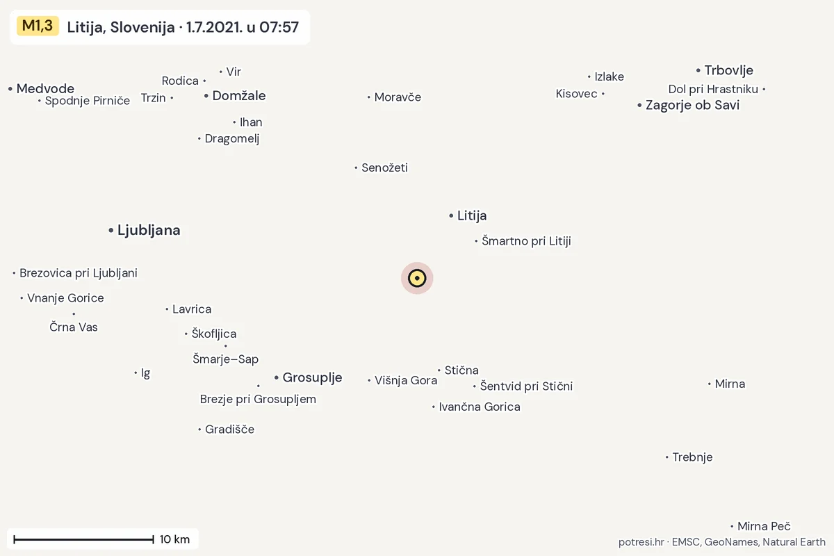 Karta: okolica epicentra, 60 km, potres M1,3, Litija, Slovenija, 1.7.2021.