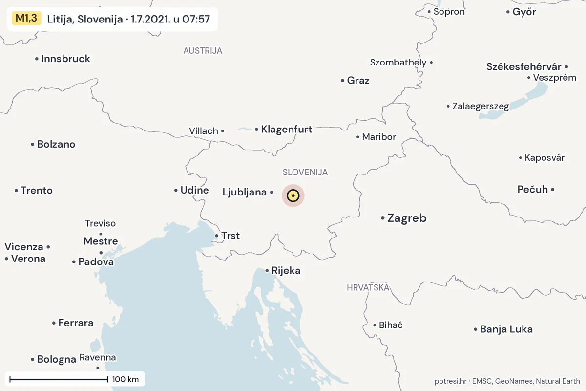 Karta: šire područje, 600 km, potres M1,3, Litija, Slovenija, 1.7.2021.