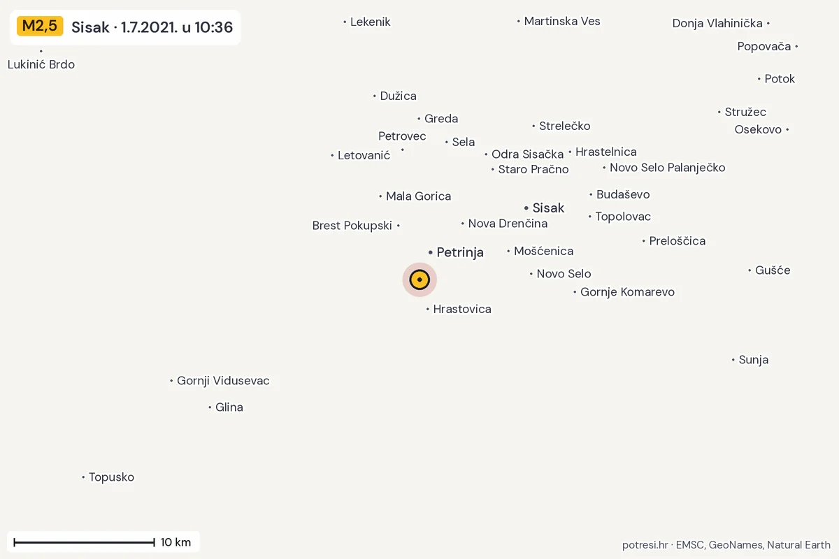 Karta: okolica epicentra, 60 km, potres M2,5, Sisak, 1.7.2021.