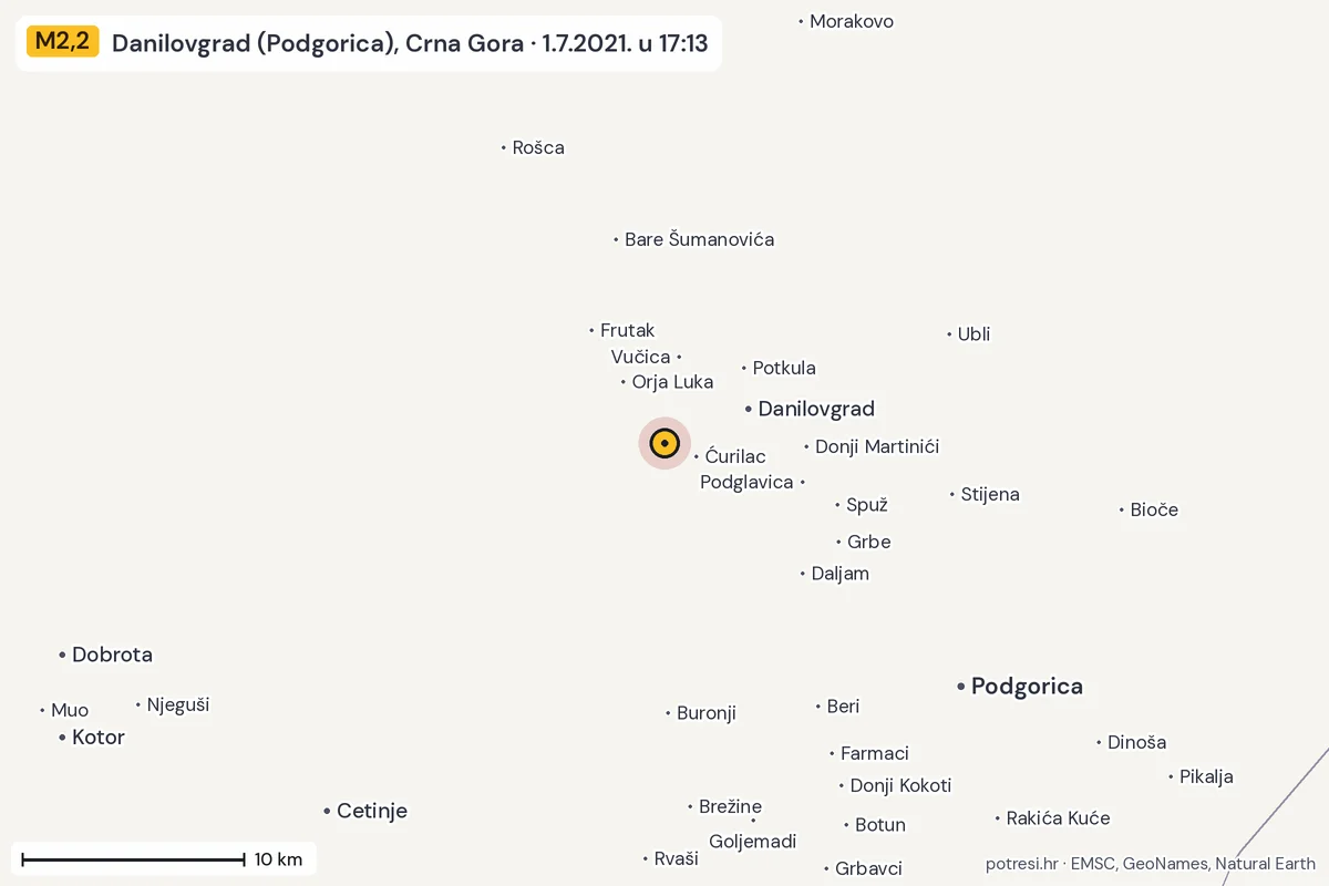 Karta: okolica epicentra, 60 km, potres M2,2, Danilovgrad (Podgorica), Crna Gora, 1.7.2021.