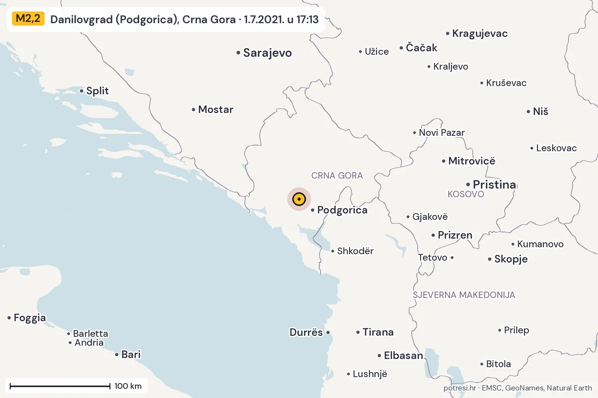 Karta: šire područje, 600 km, potres M2,2, Danilovgrad (Podgorica), Crna Gora, 1.7.2021.