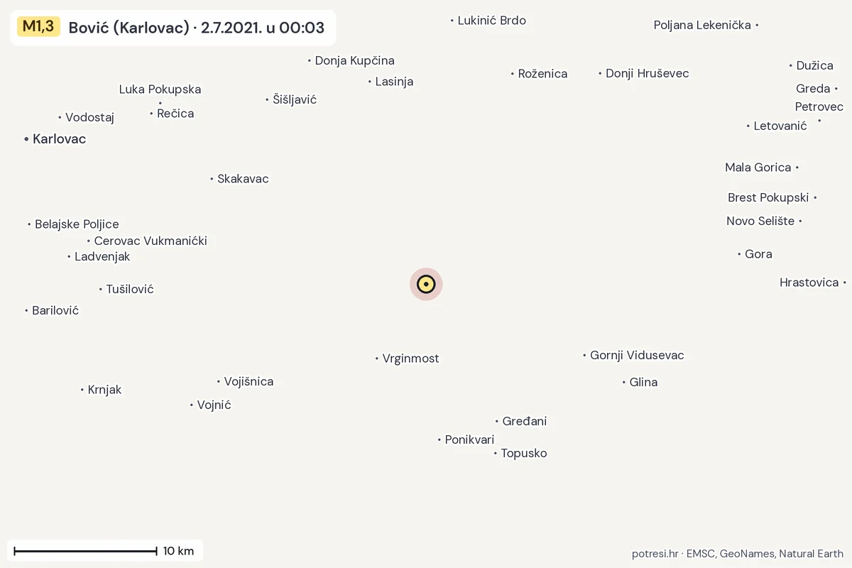 Karta: okolica epicentra, 60 km, potres M1,3, Bović (Karlovac), 2.7.2021.