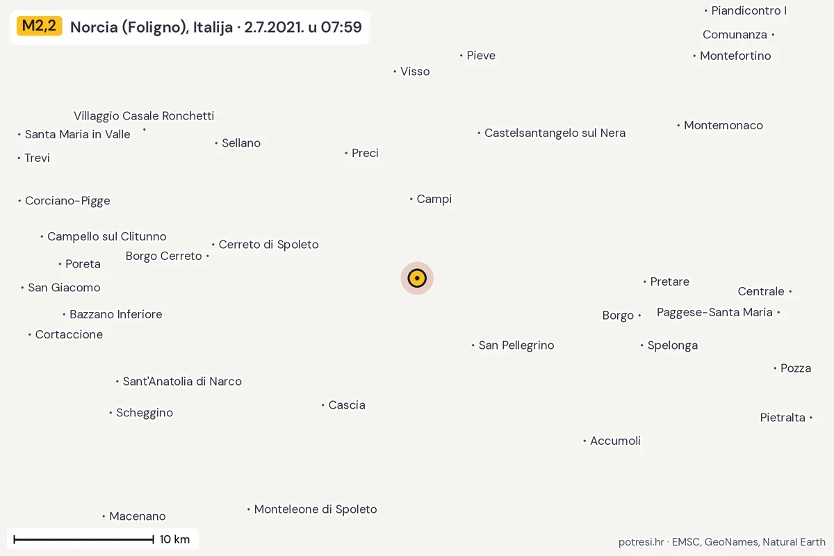 Karta: okolica epicentra, 60 km, potres M2,2, Norcia (Foligno), Italija, 2.7.2021.