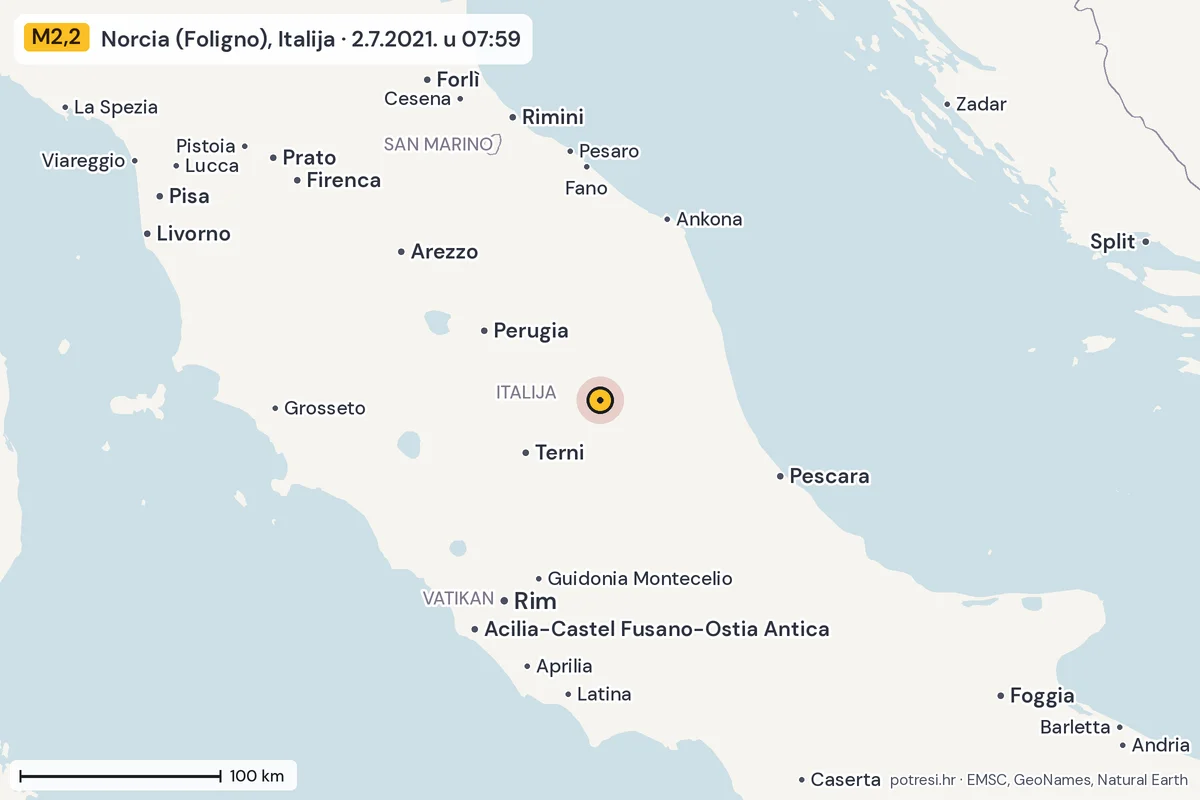 Karta: šire područje, 600 km, potres M2,2, Norcia (Foligno), Italija, 2.7.2021.