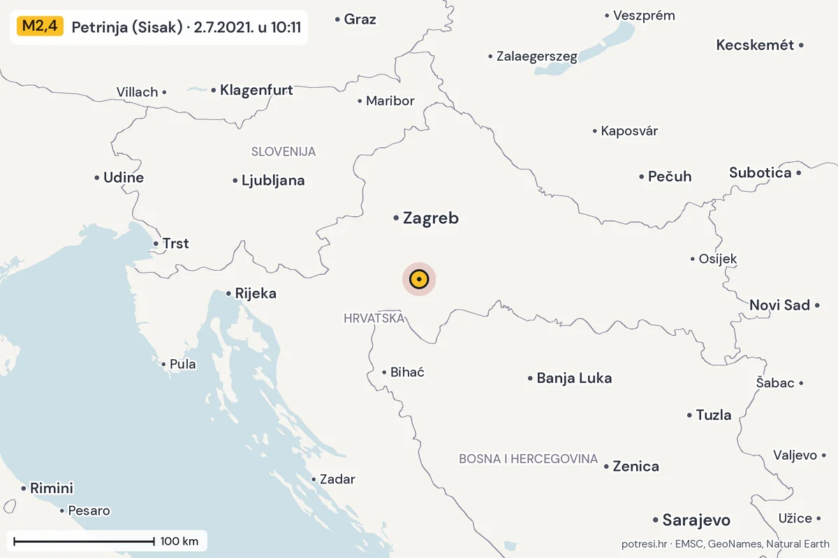Karta: šire područje, 600 km, potres M2,4, Petrinja (Sisak), 2.7.2021.