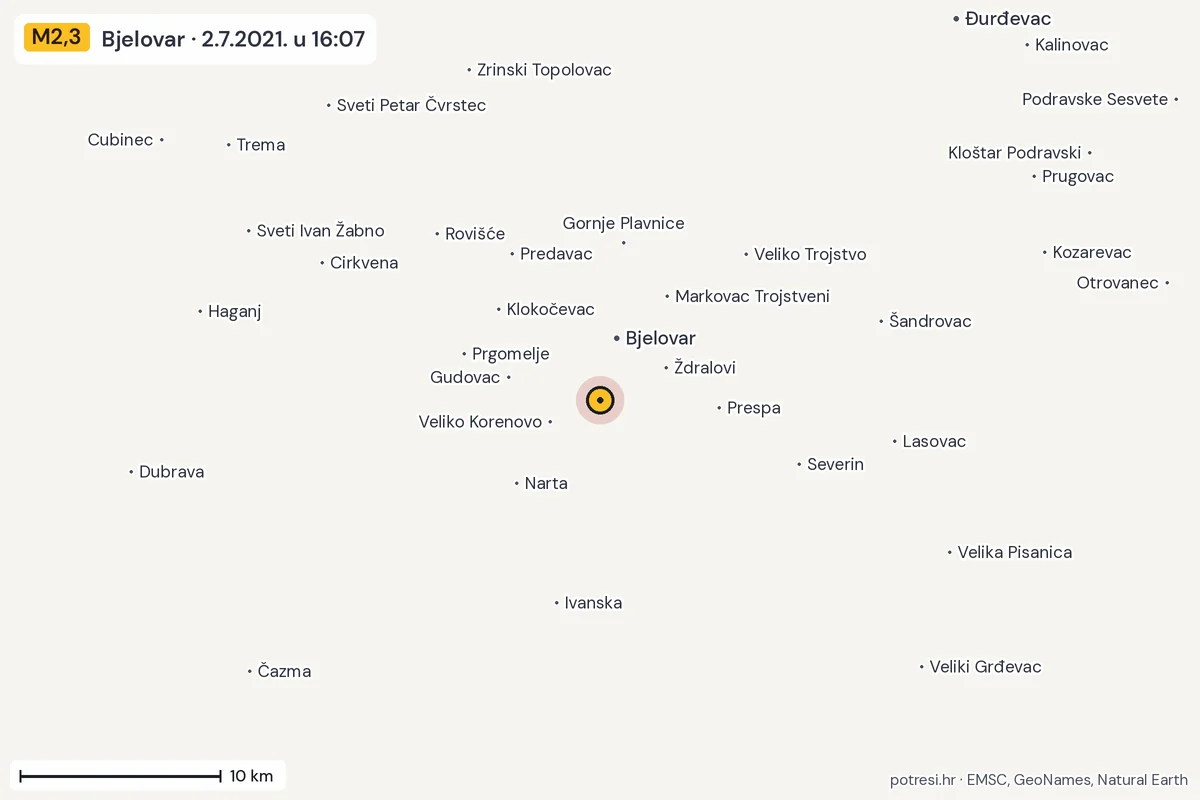 Karta: okolica epicentra, 60 km, potres M2,3, Bjelovar, 2.7.2021.