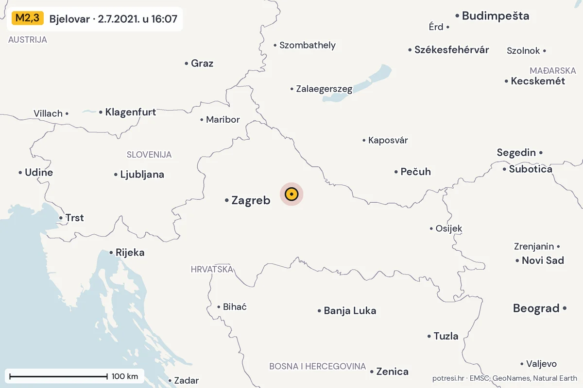 Karta: šire područje, 600 km, potres M2,3, Bjelovar, 2.7.2021.