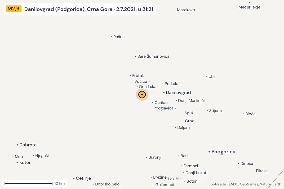 Karta: okolica epicentra, 60 km, potres M2,9, Danilovgrad (Podgorica), Crna Gora, 2.7.2021.