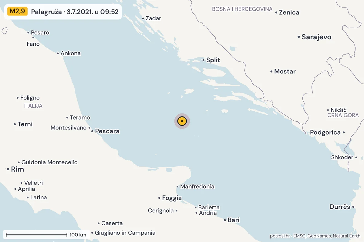 Karta: šire područje, 600 km, potres M2,9, Palagruža, 3.7.2021.