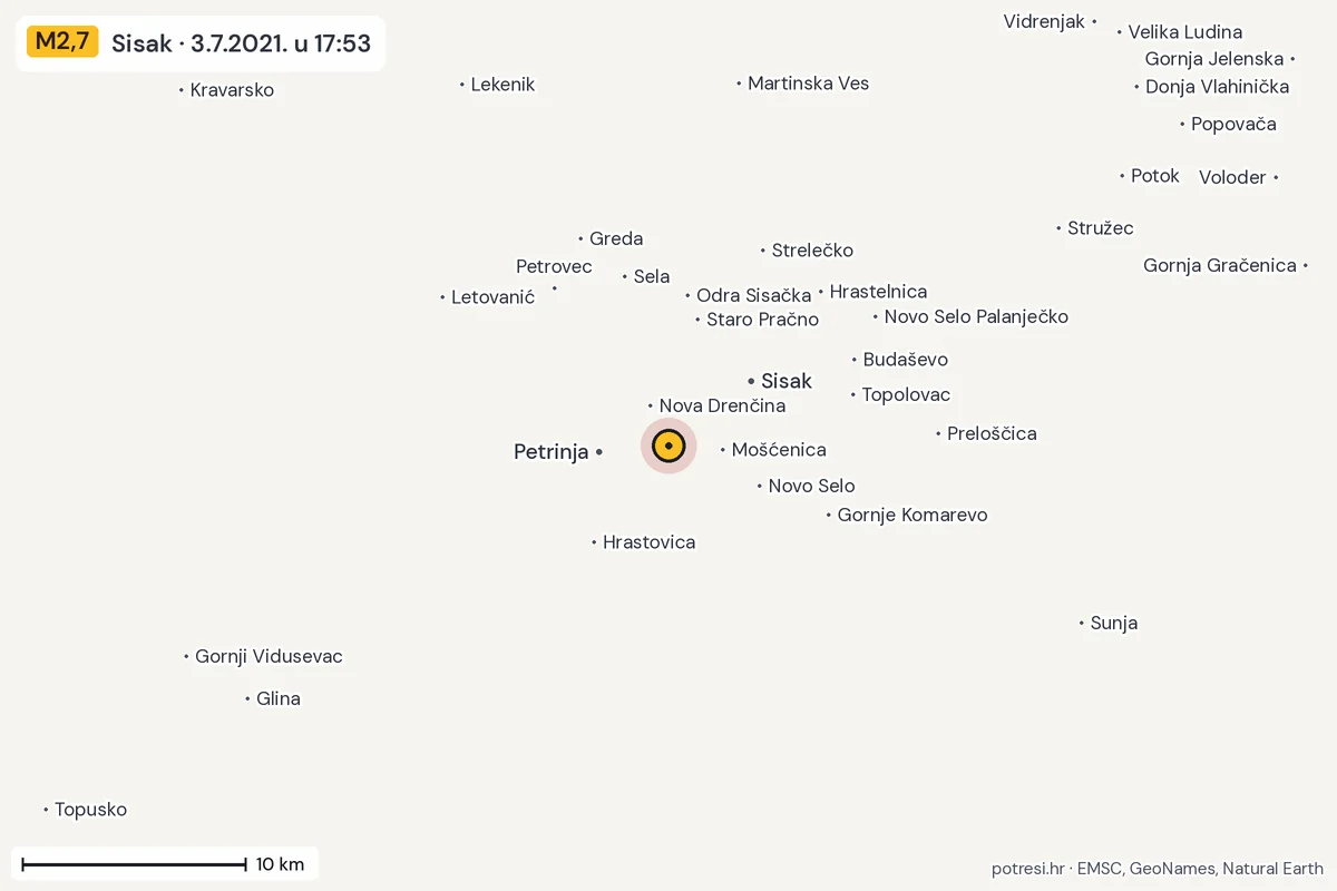Karta: okolica epicentra, 60 km, potres M2,7, Sisak, 3.7.2021.