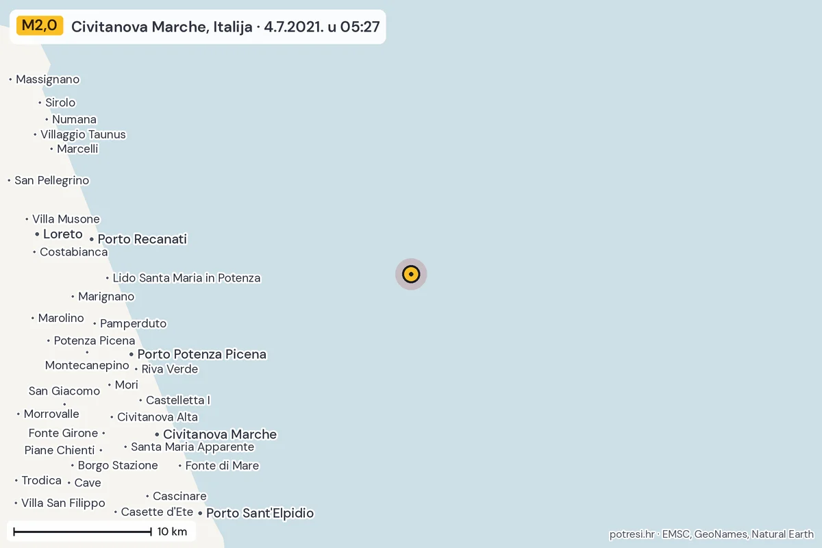 Karta: okolica epicentra, 60 km, potres M2,0, Civitanova Marche, Italija, 4.7.2021.