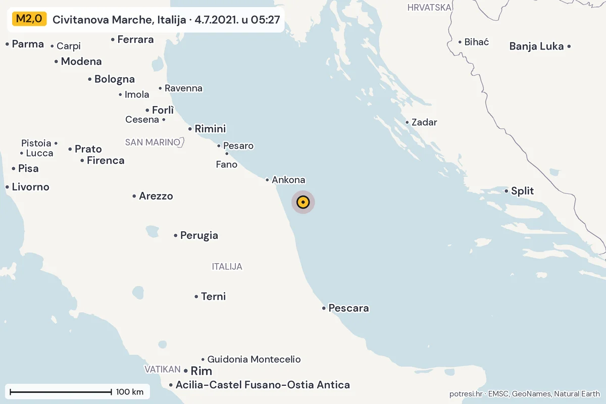 Karta: šire područje, 600 km, potres M2,0, Civitanova Marche, Italija, 4.7.2021.