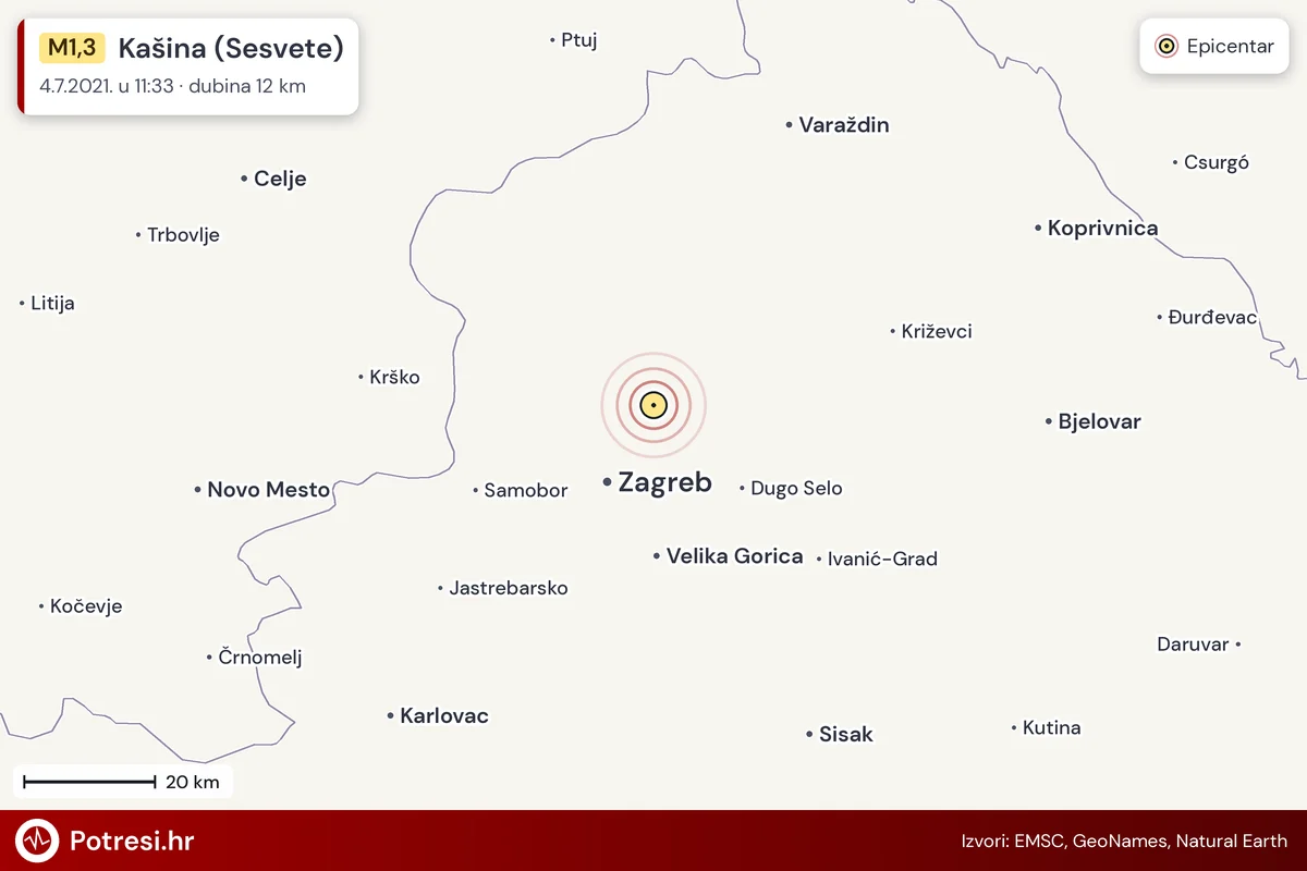 Karta: šire područje i vjerojatni doseg osjeta, potres M1,3, Kašina (Sesvete), 4.7.2021.