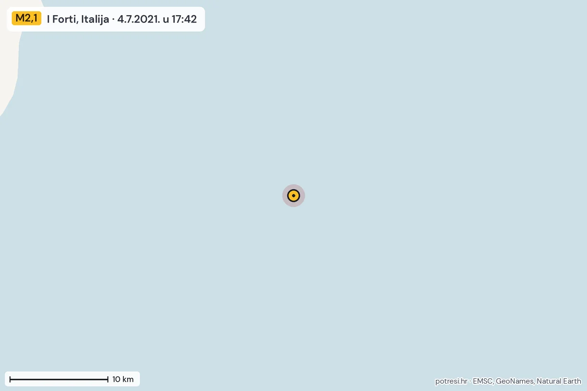 Karta: okolica epicentra, 60 km, potres M2,1, I Forti, Italija, 4.7.2021.