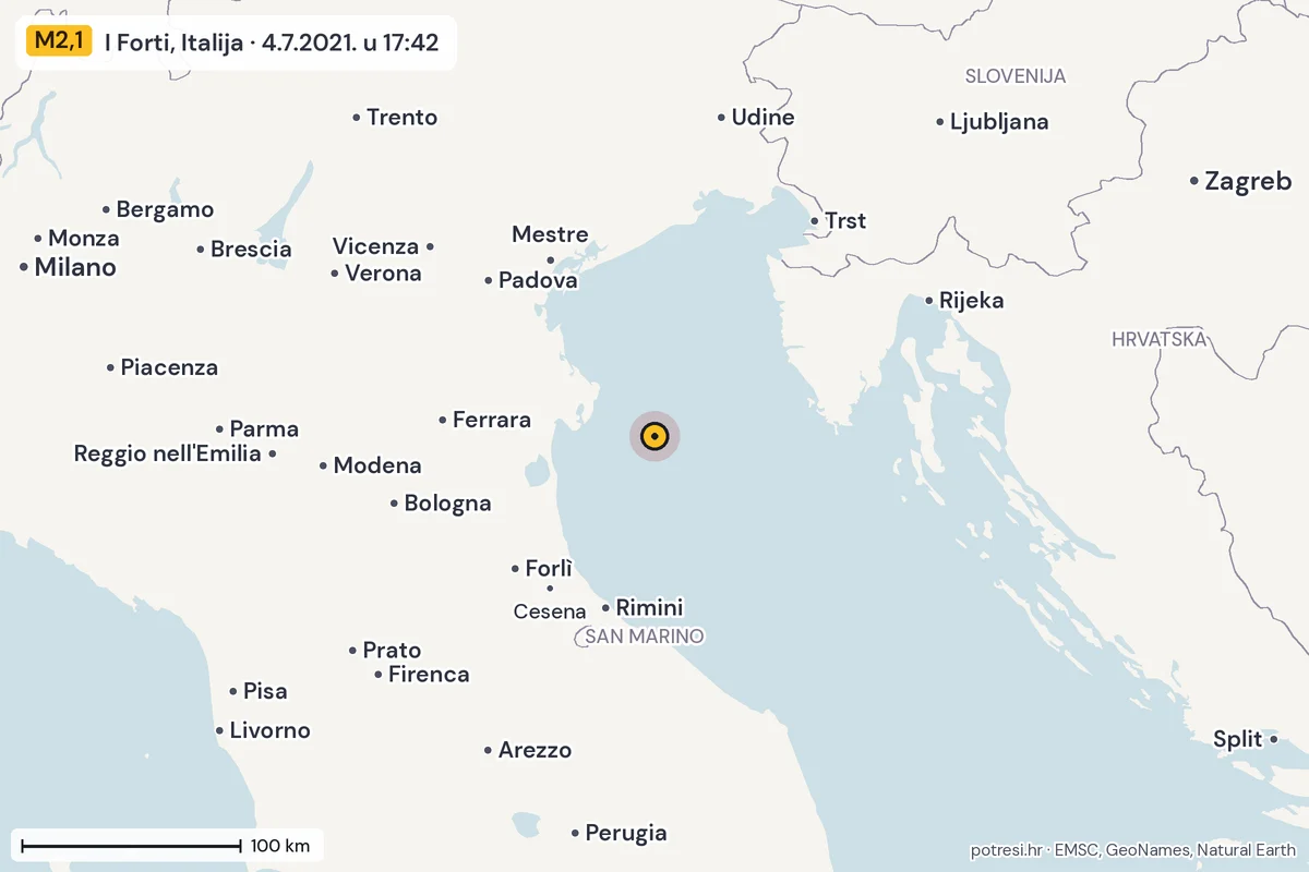 Karta: šire područje, 600 km, potres M2,1, I Forti, Italija, 4.7.2021.
