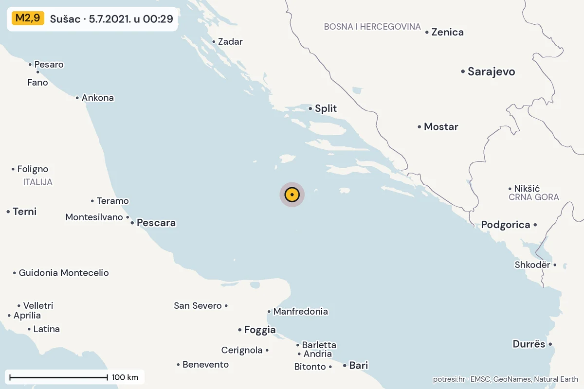 Karta: šire područje, 600 km, potres M2,9, Sušac, 5.7.2021.