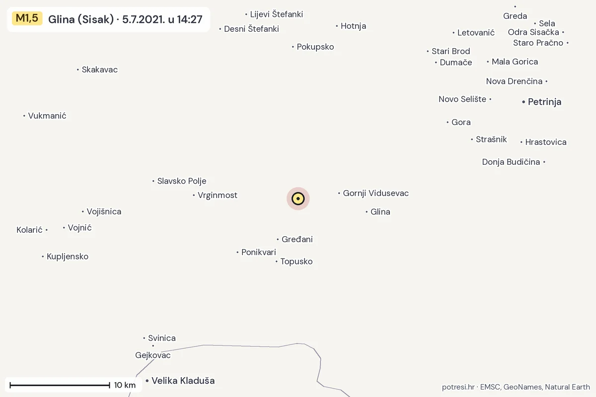 Karta: okolica epicentra, 60 km, potres M1,5, Glina (Sisak), 5.7.2021.