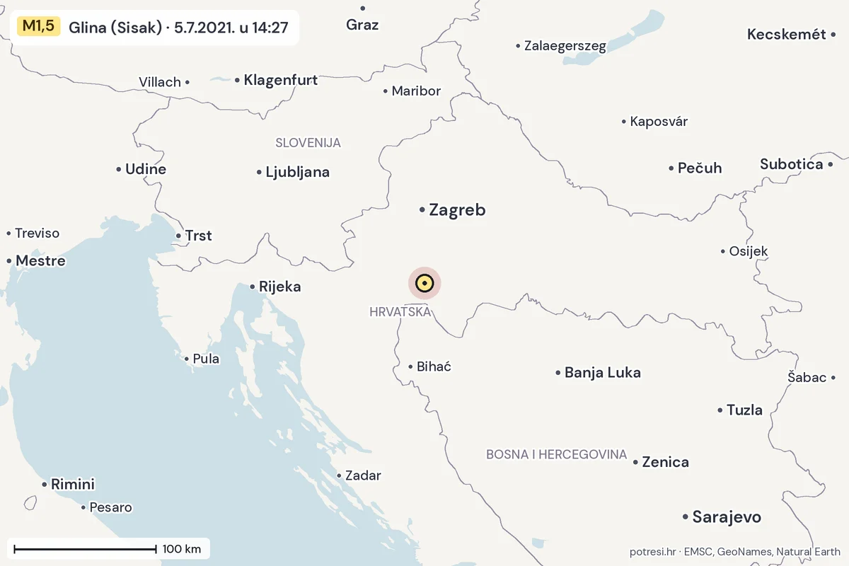Karta: šire područje, 600 km, potres M1,5, Glina (Sisak), 5.7.2021.