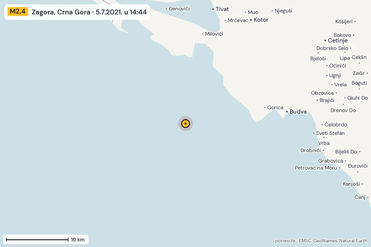 Karta: okolica epicentra, 60 km, potres M2,4, Zagora, Crna Gora, 5.7.2021.