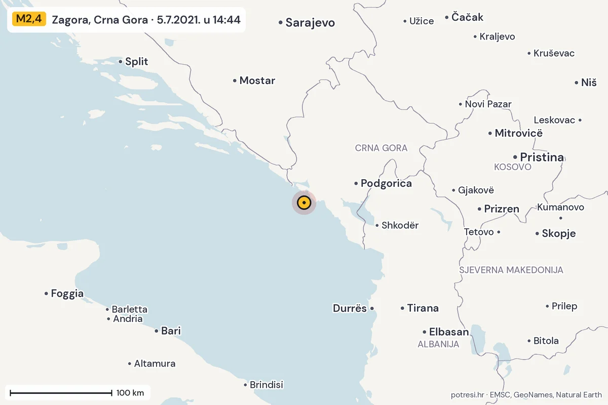 Karta: šire područje, 600 km, potres M2,4, Zagora, Crna Gora, 5.7.2021.