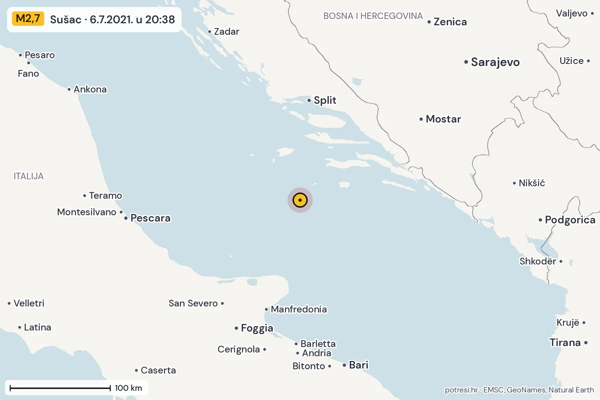 Karta: šire područje, 600 km, potres M2,7, Sušac, 6.7.2021.