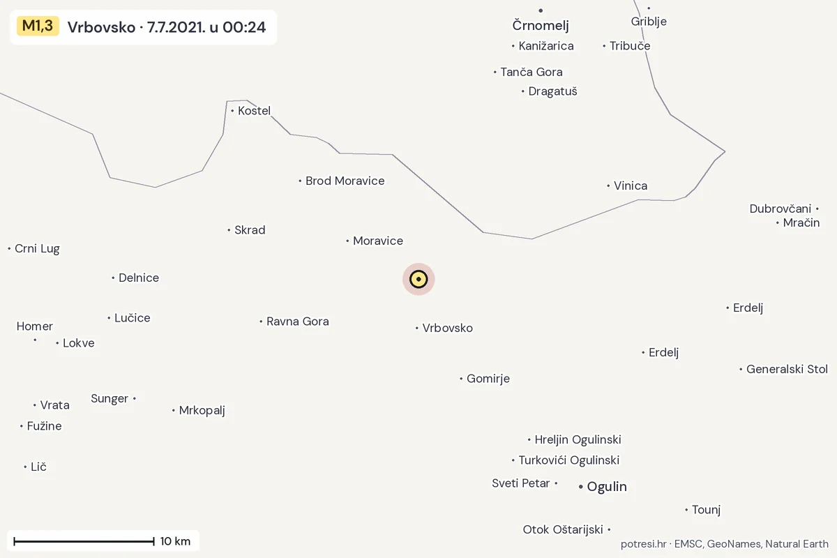 Karta: okolica epicentra, 60 km, potres M1,3, Vrbovsko, 7.7.2021.